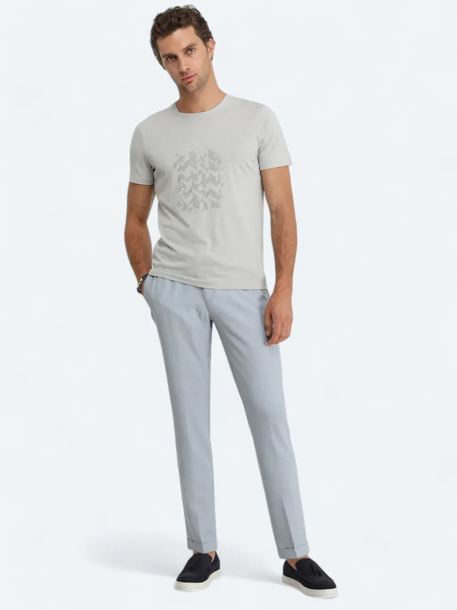 Gri Baskılı Bisiklet Yaka %100 Pamuk T-Shirt - 2