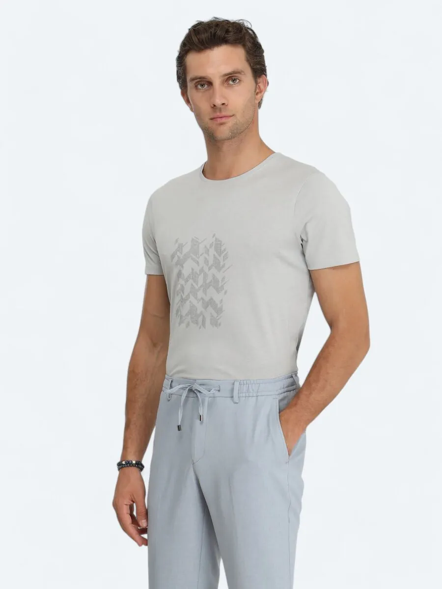 Gri Baskılı Bisiklet Yaka %100 Pamuk T-Shirt - 3
