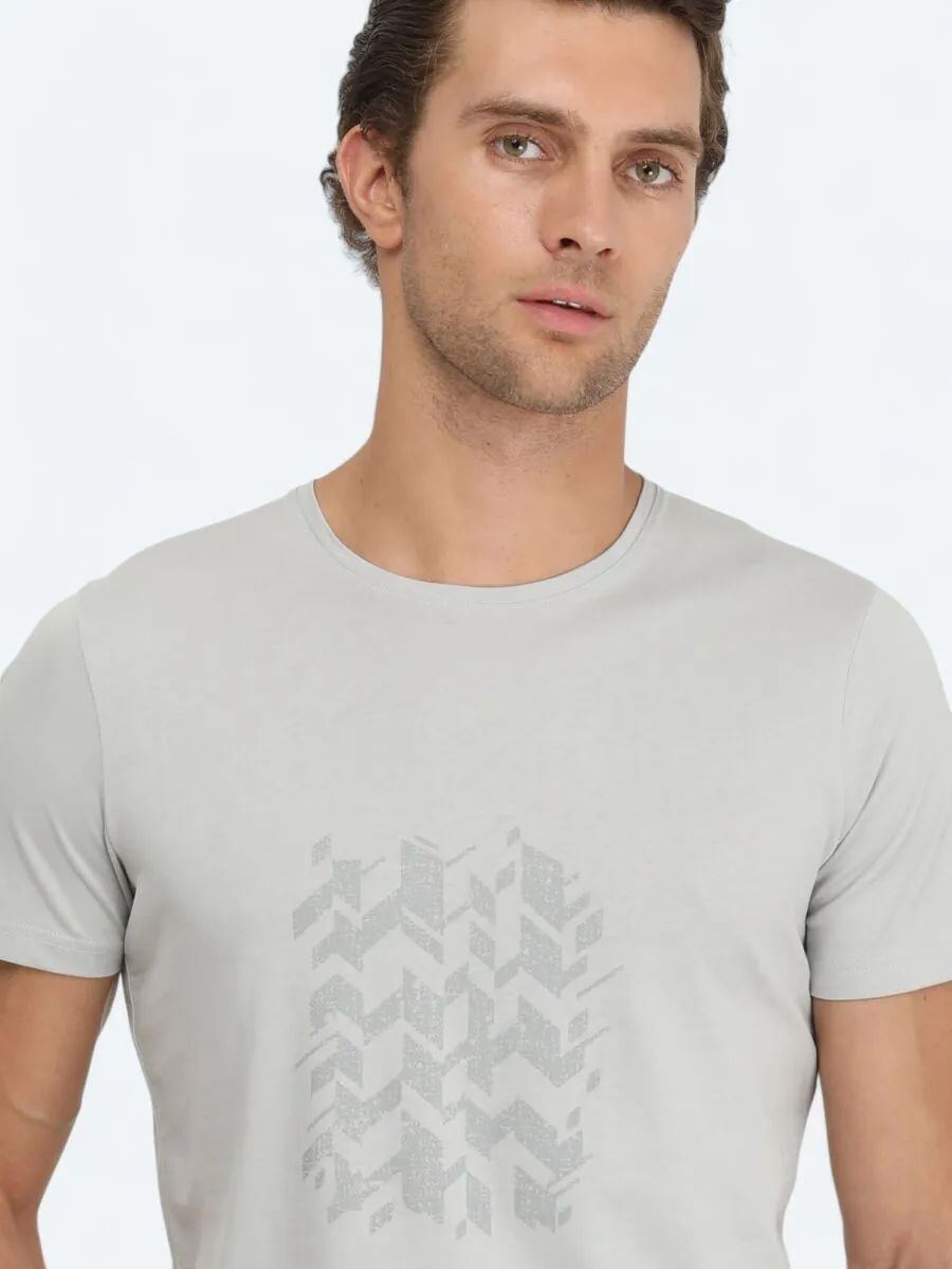 Gri Baskılı Bisiklet Yaka %100 Pamuk T-Shirt - 4