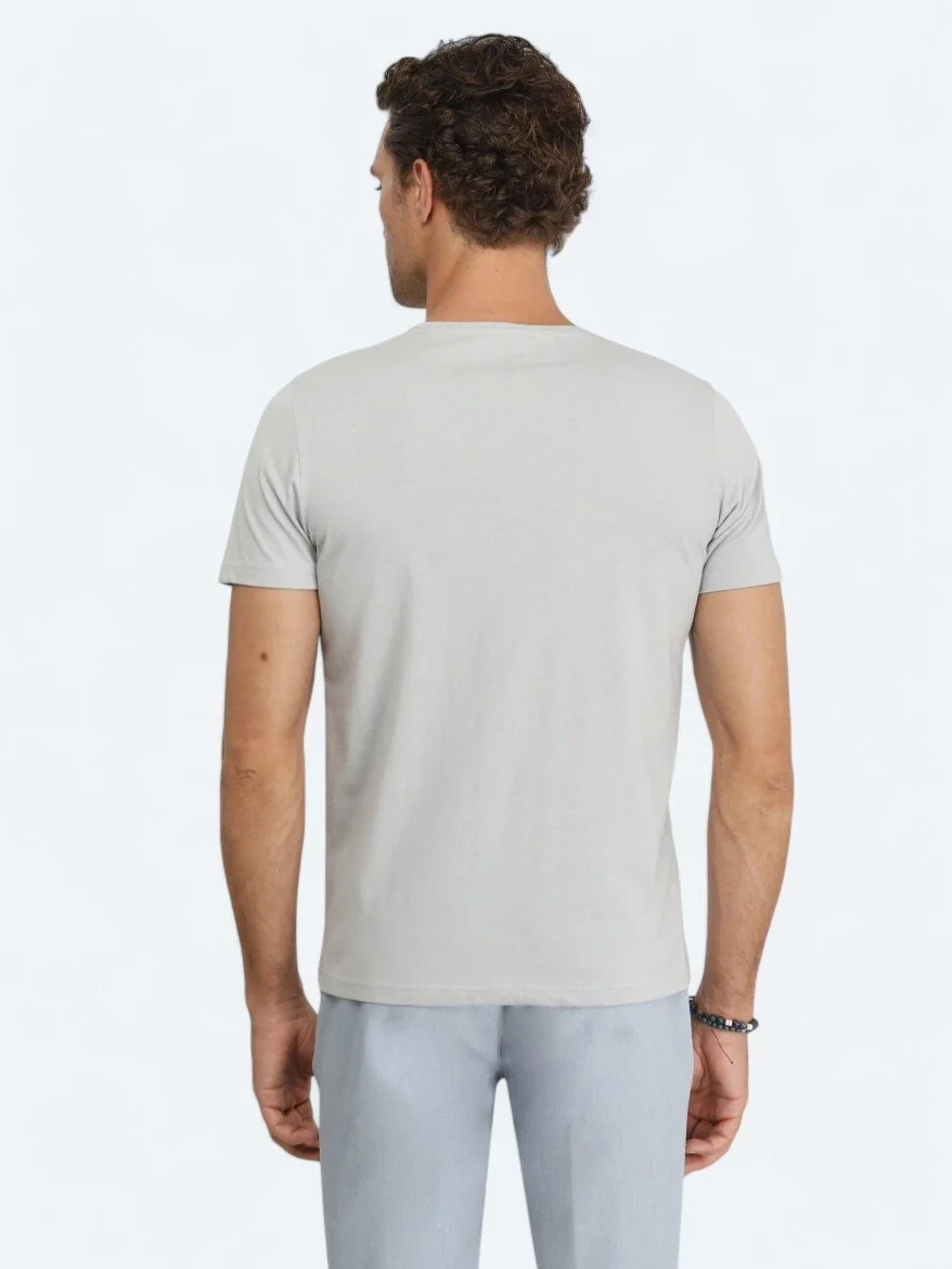 Gri Baskılı Bisiklet Yaka %100 Pamuk T-Shirt - 5