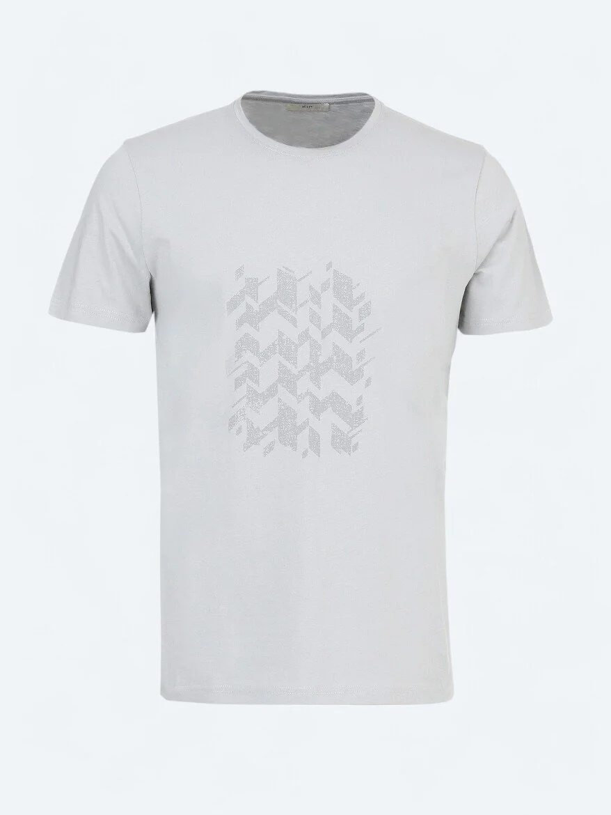 Gri Baskılı Bisiklet Yaka %100 Pamuk T-Shirt - 6