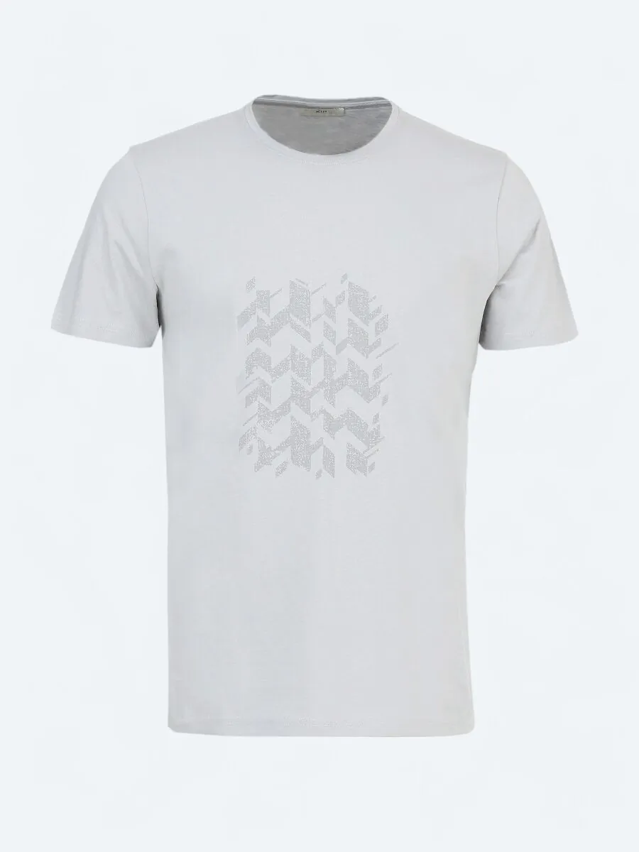 Gri Baskılı Bisiklet Yaka %100 Pamuk T-Shirt - 6