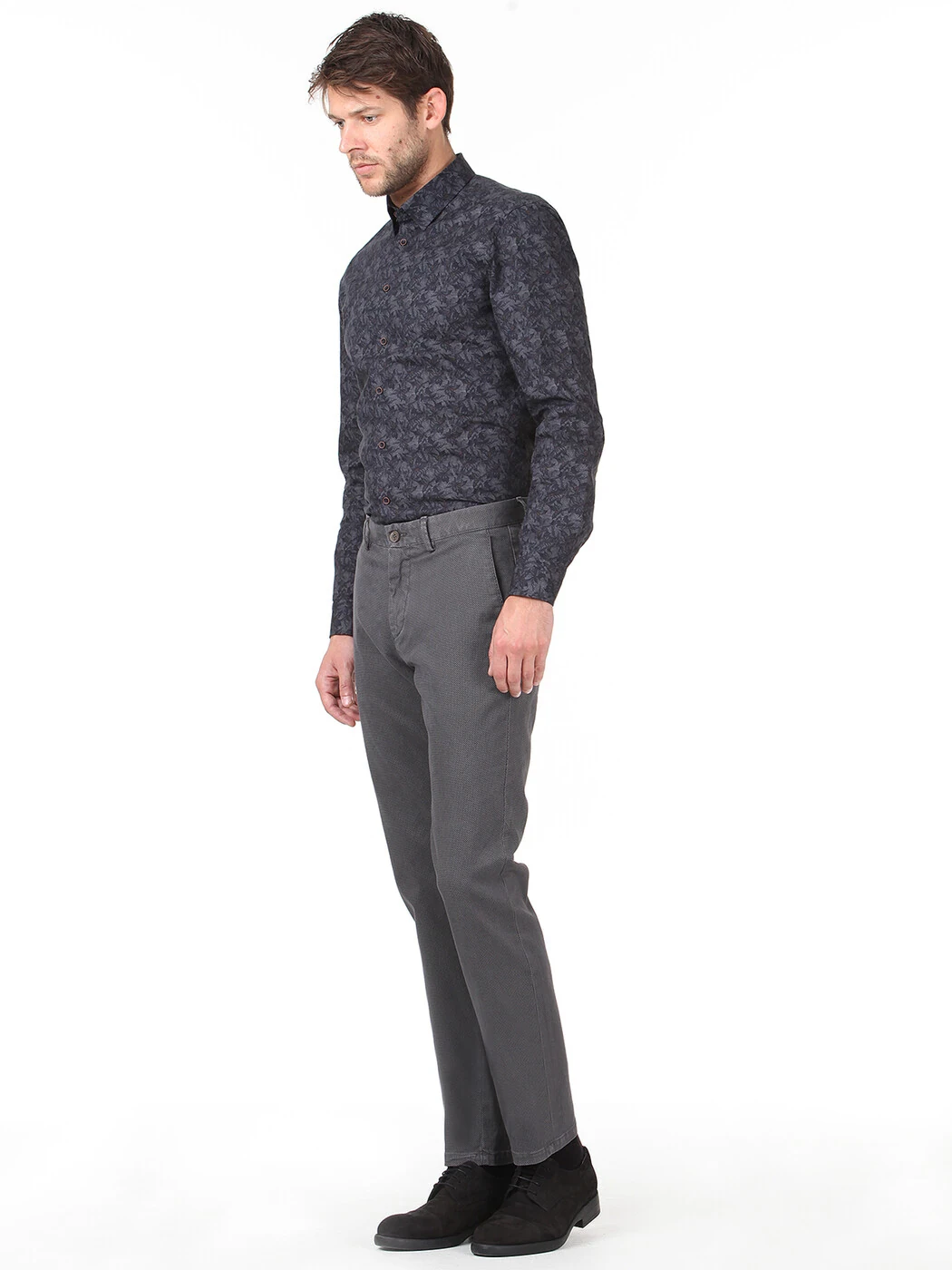 Gri Baskılı Dokuma Regular Fit Casual Pamuk Karışımlı Pantolon - 1