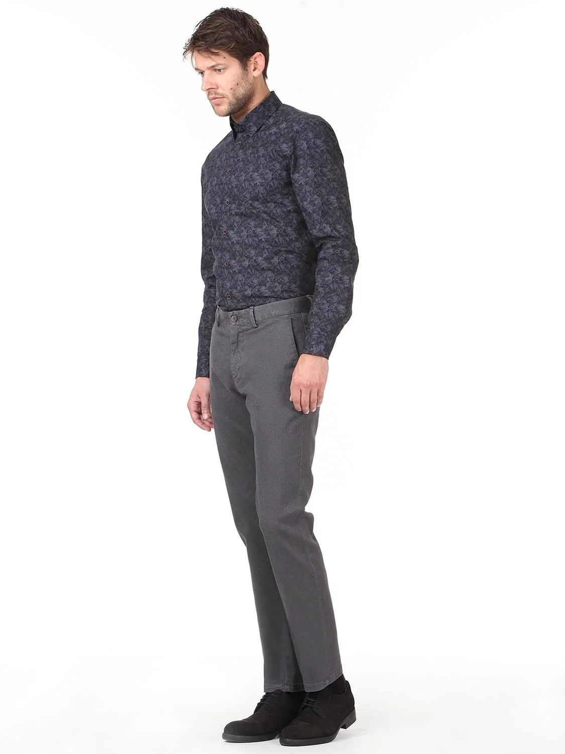 Gri Baskılı Dokuma Regular Fit Casual Pamuk Karışımlı Pantolon - 1