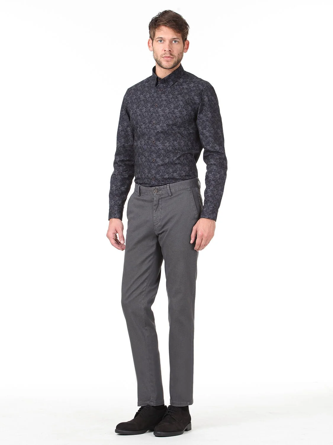 Gri Baskılı Dokuma Regular Fit Casual Pamuk Karışımlı Pantolon - 2