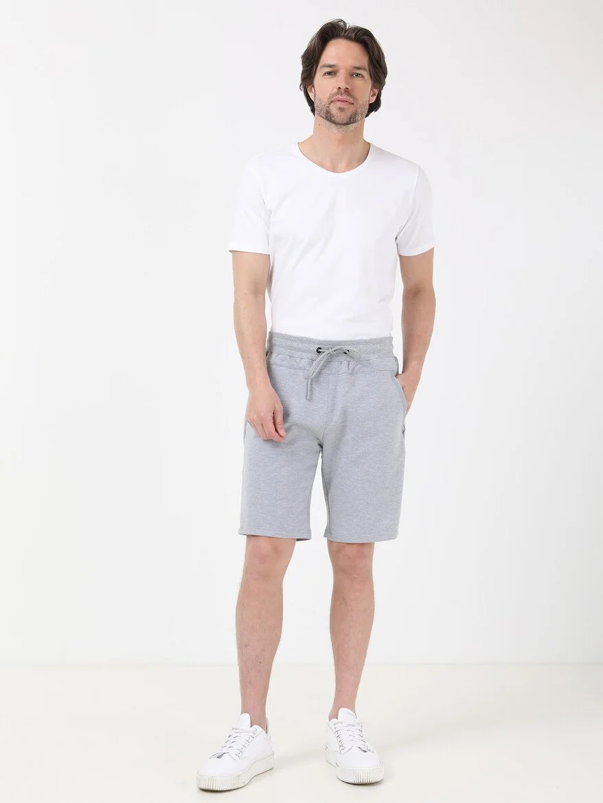 Gri Baskılı Örme Slim Fit Casual Pamuk Karışımlı Bermuda - 2