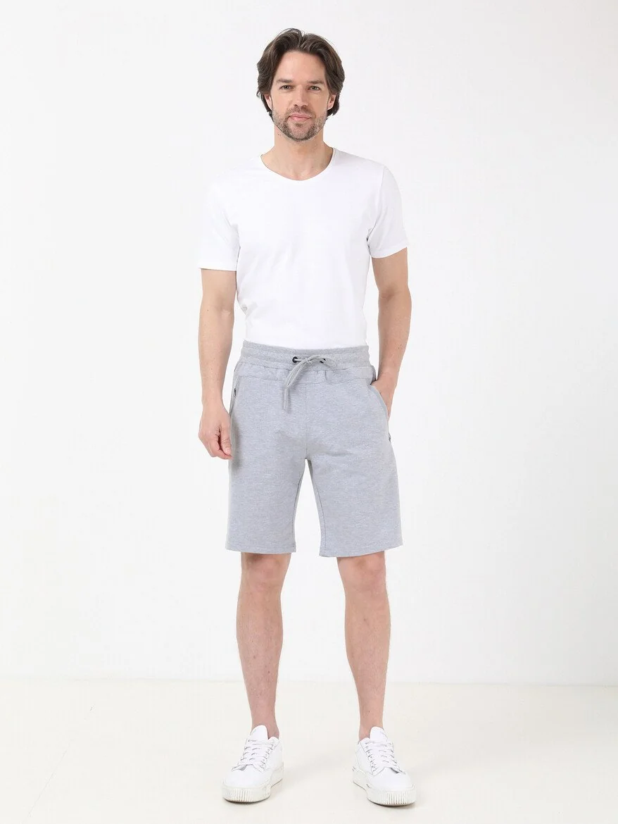 Gri Baskılı Örme Slim Fit Casual Pamuk Karışımlı Bermuda - 3