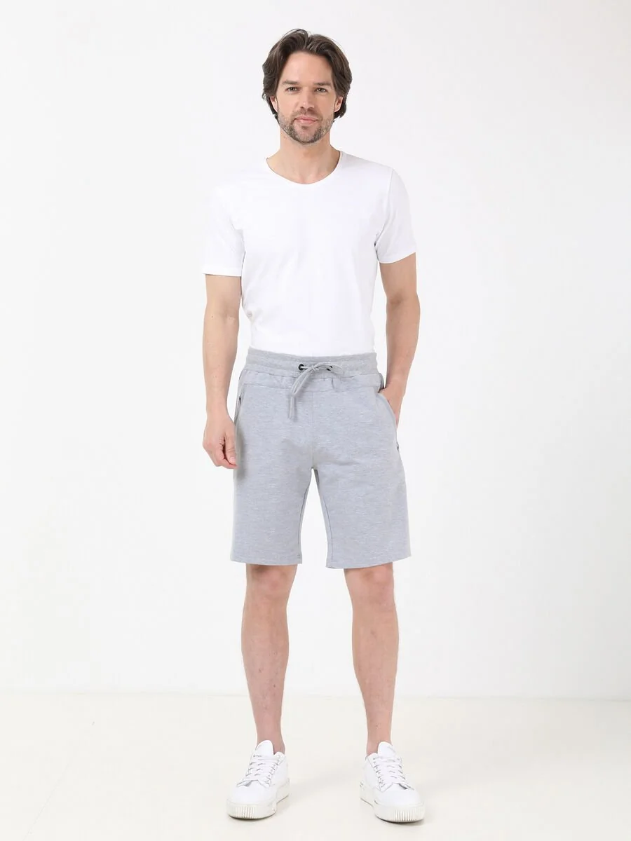 Gri Baskılı Örme Slim Fit Casual Pamuk Karışımlı Bermuda - 3
