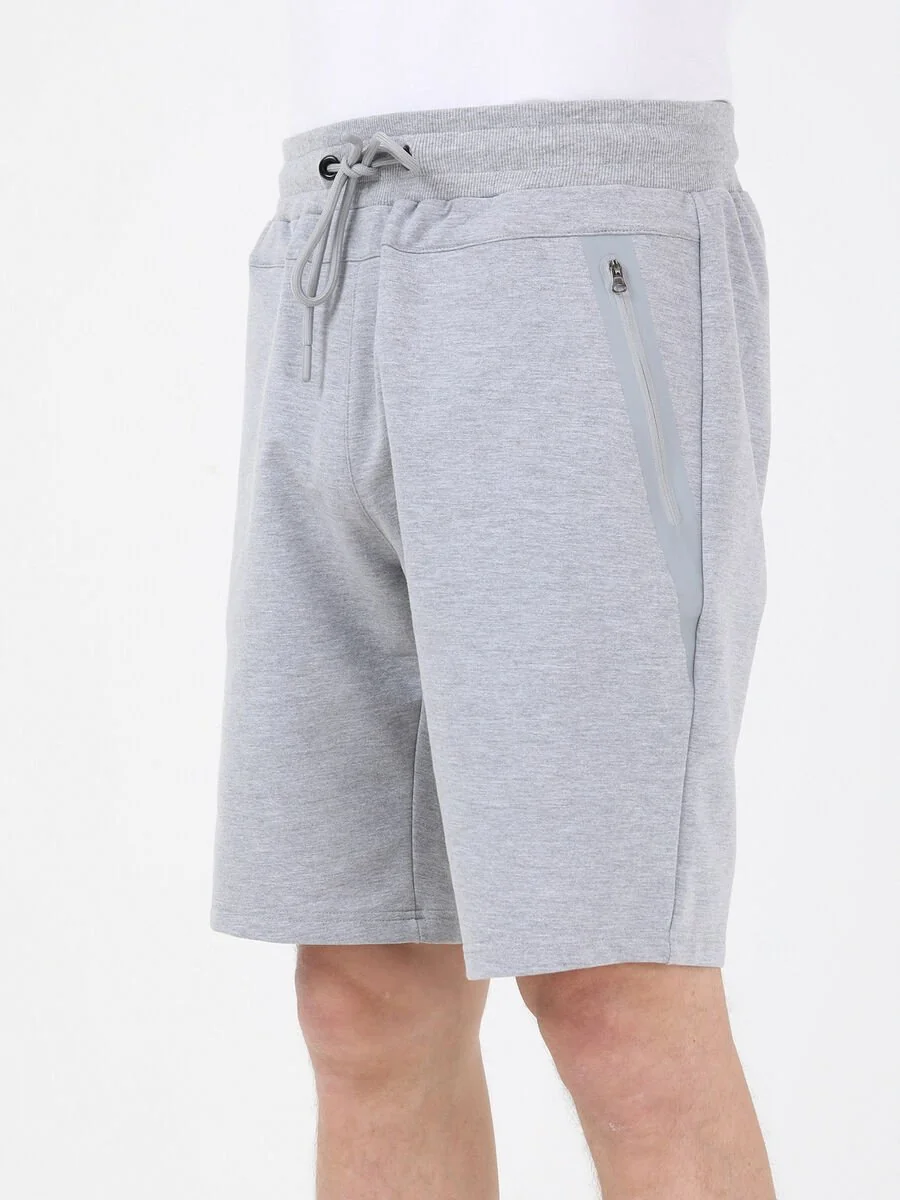 Gri Baskılı Örme Slim Fit Casual Pamuk Karışımlı Bermuda - 4