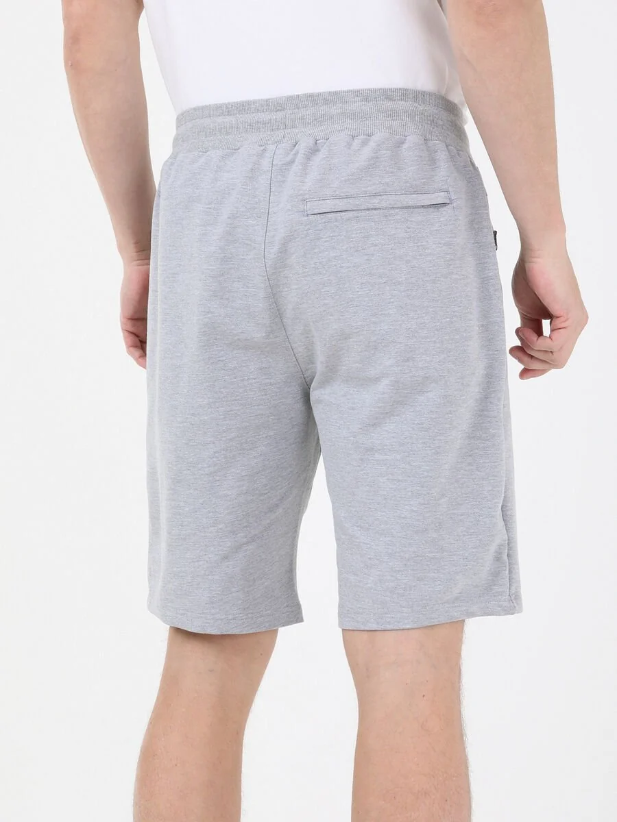 Gri Baskılı Örme Slim Fit Casual Pamuk Karışımlı Bermuda - 5