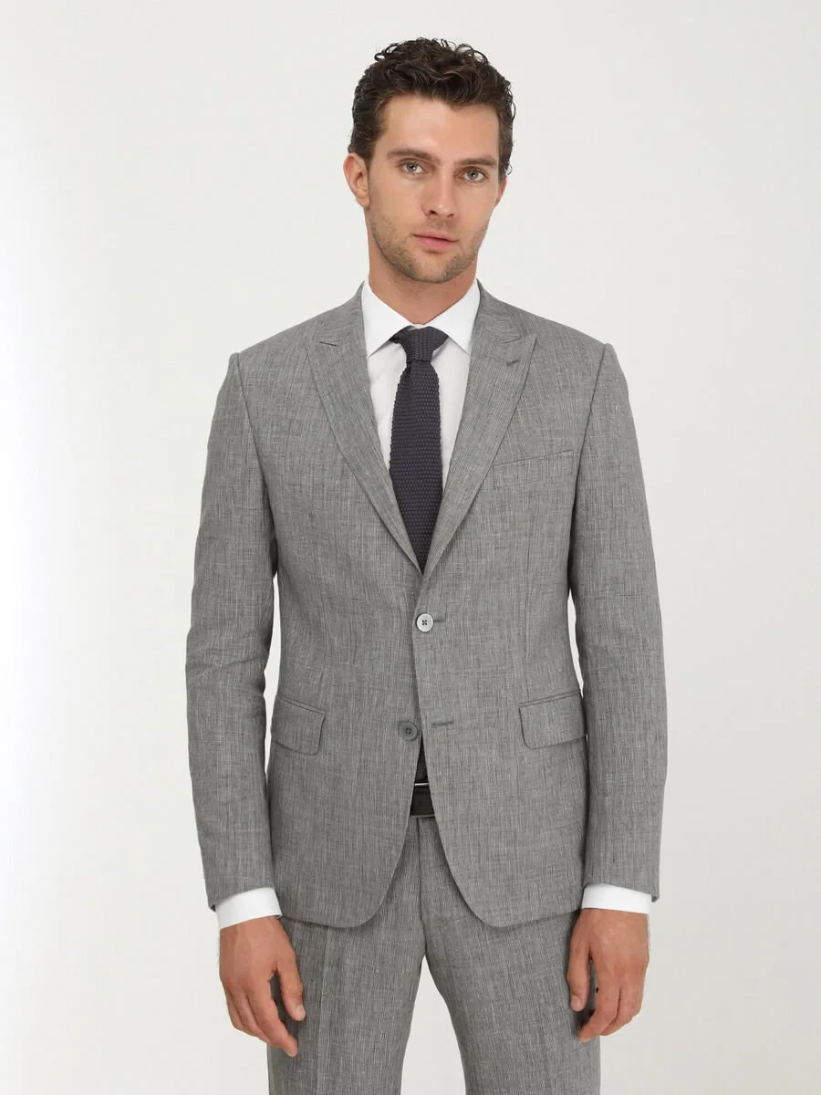 Gri Çizgili Modern Fit Pamuk Karışımlı Takım Elbise - 2