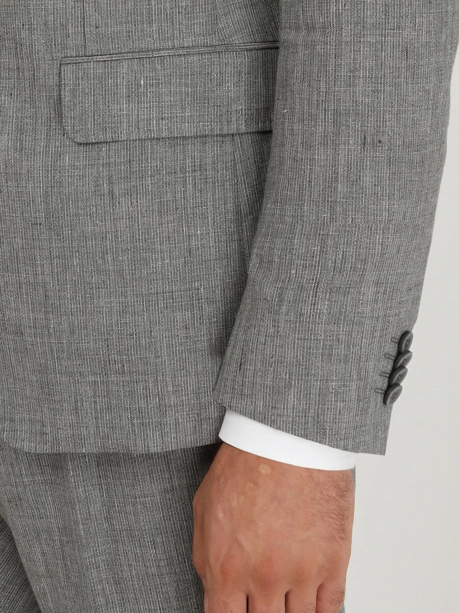 Gri Çizgili Modern Fit Pamuk Karışımlı Takım Elbise - 5