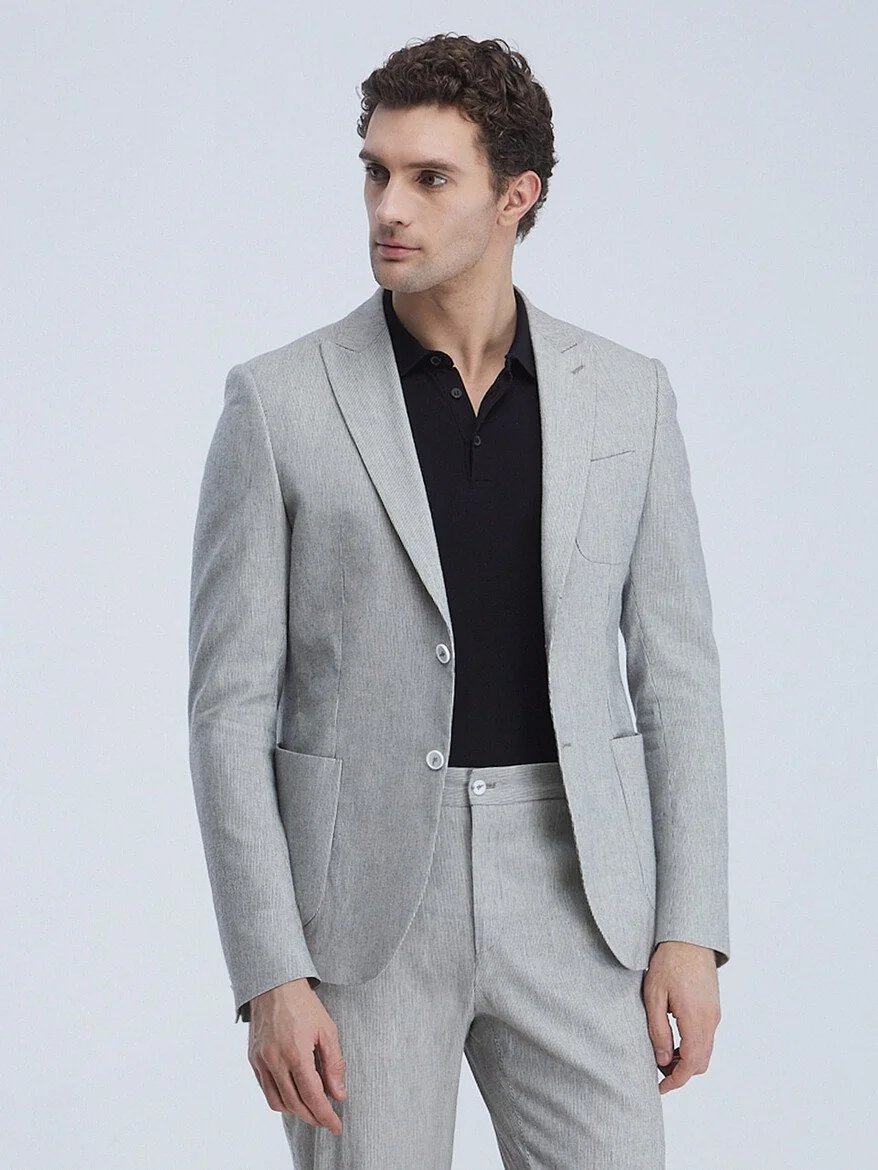 Gri Çizgili Modern Fit Pamuk Karışımlı Takım Elbise - 1