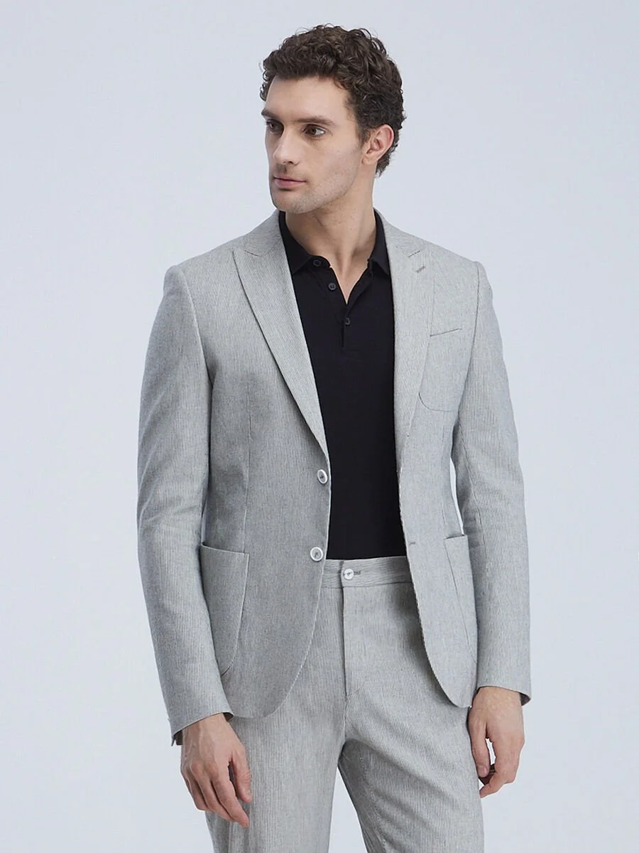 Gri Çizgili Modern Fit Pamuk Karışımlı Takım Elbise - 1