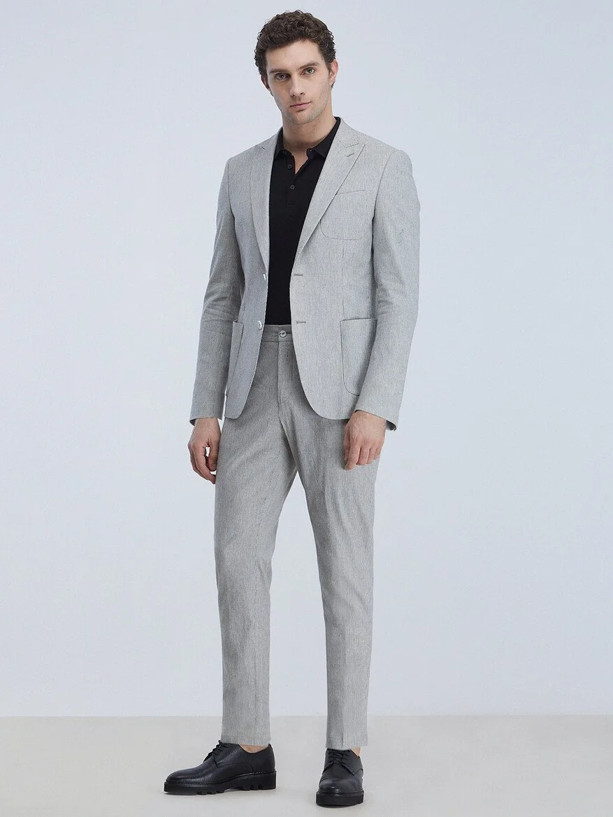 Gri Çizgili Modern Fit Pamuk Karışımlı Takım Elbise - 2