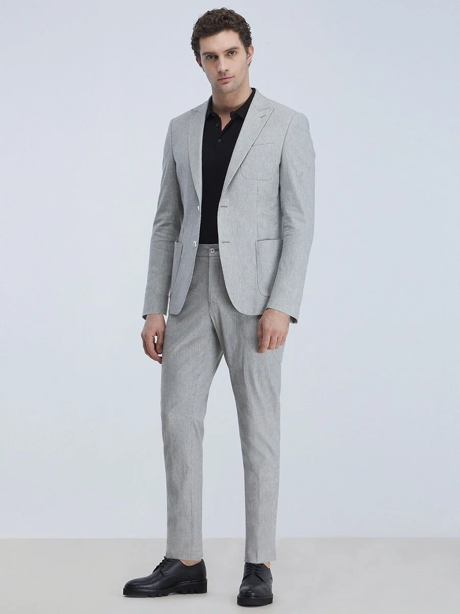 Gri Çizgili Modern Fit Pamuk Karışımlı Takım Elbise - 2