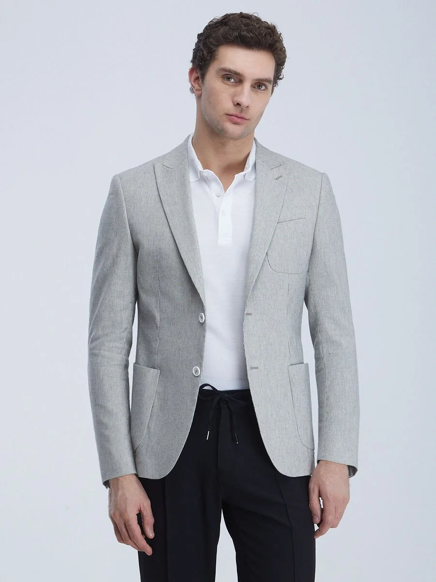 Gri Çizgili Modern Fit Pamuk Karışımlı Takım Elbise - 4