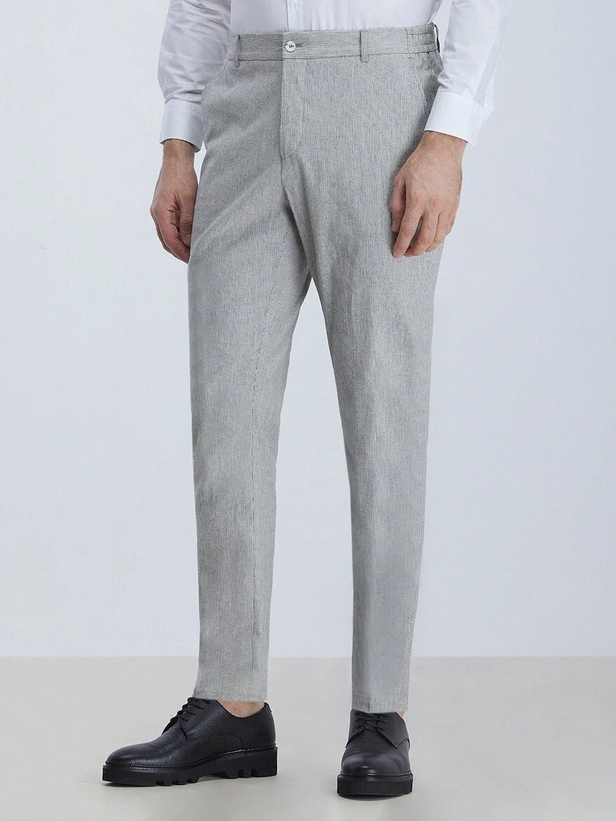 Gri Çizgili Modern Fit Pamuk Karışımlı Takım Elbise - 6