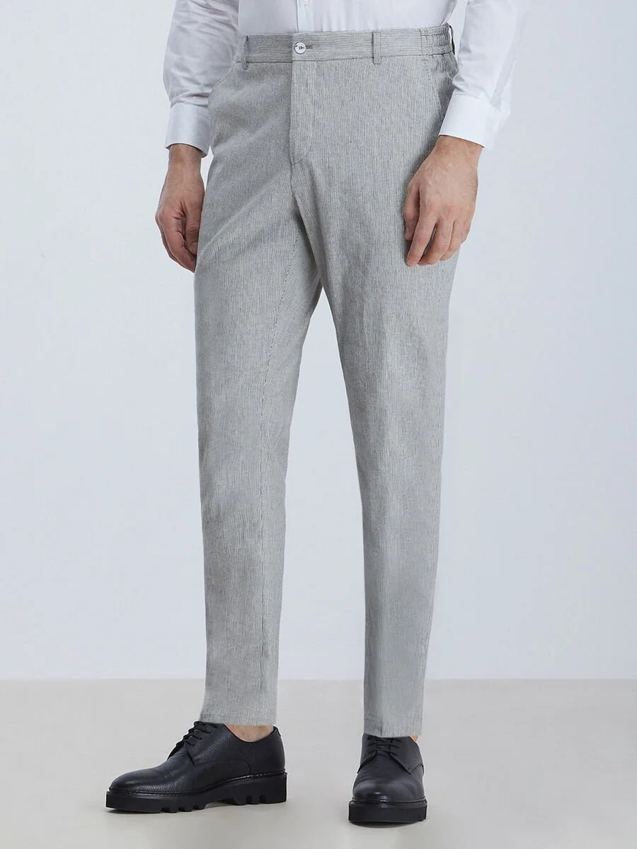 Gri Çizgili Modern Fit Pamuk Karışımlı Takım Elbise - 6