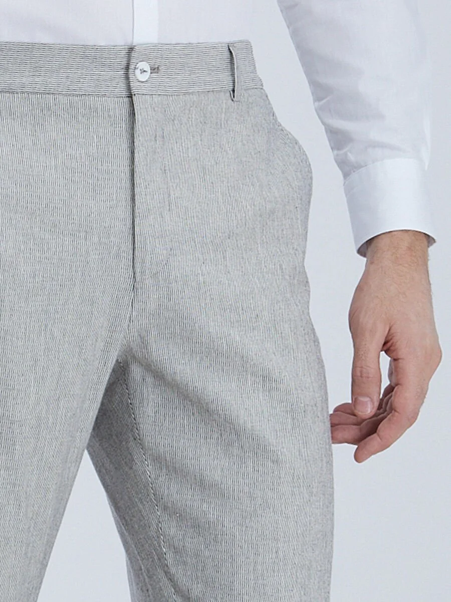 Gri Çizgili Modern Fit Pamuk Karışımlı Takım Elbise - 7