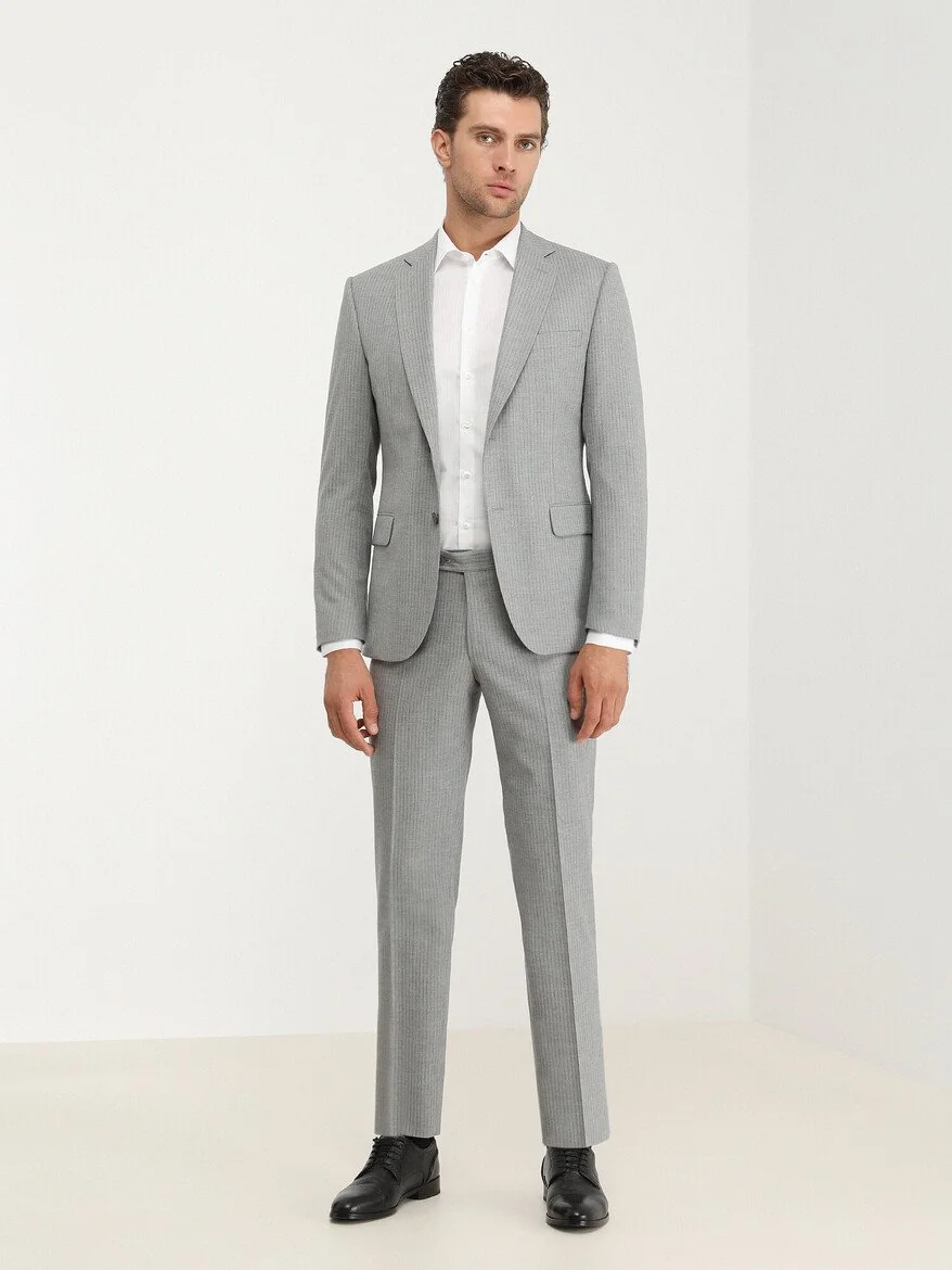 Gri Çizgili Modern Fit Takım Elbise - 2