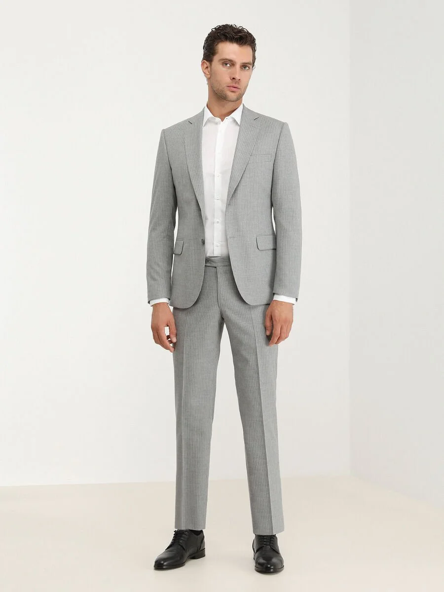 Gri Çizgili Modern Fit Takım Elbise - 2