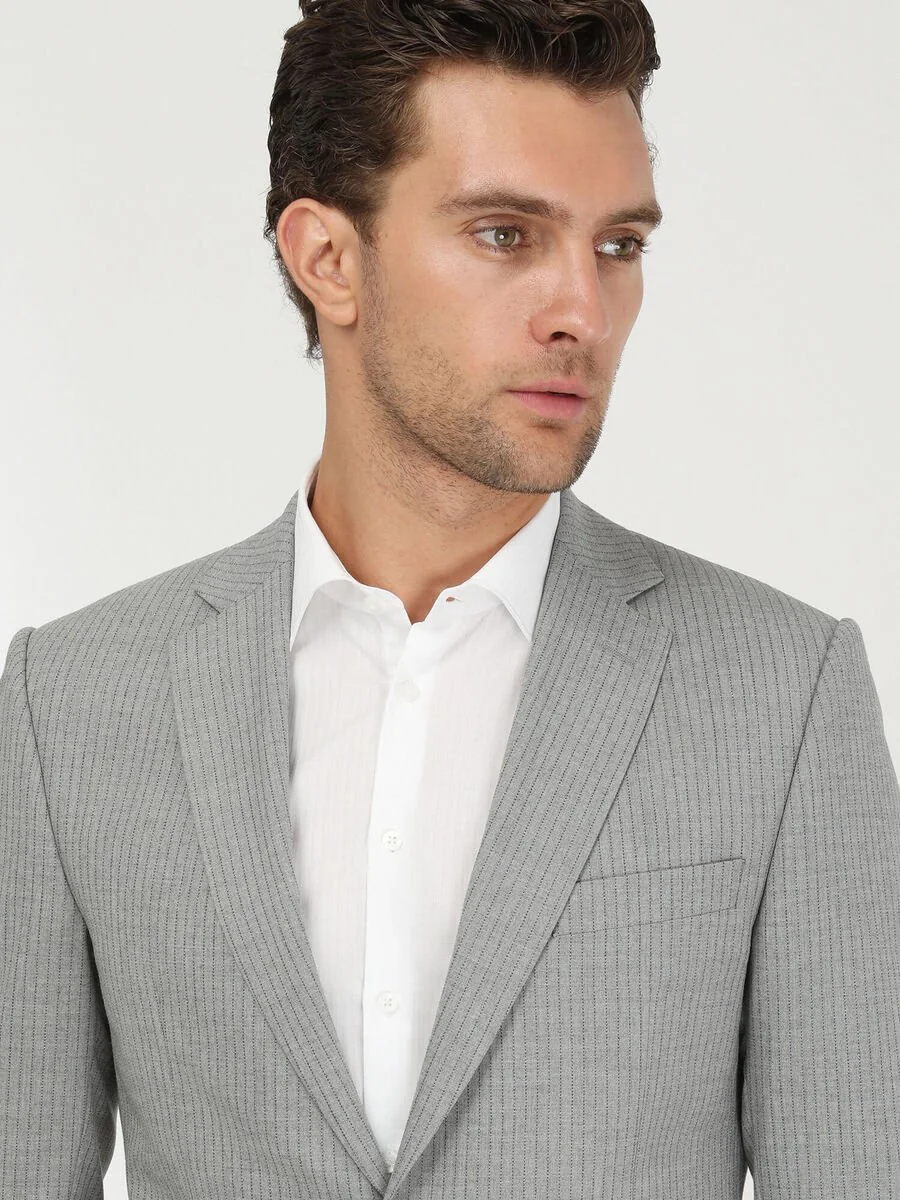 Gri Çizgili Modern Fit Takım Elbise - 3