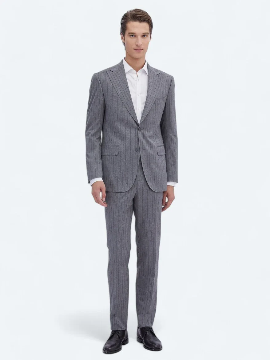 Gri Çizgili Modern Fit Takım Elbise - 2