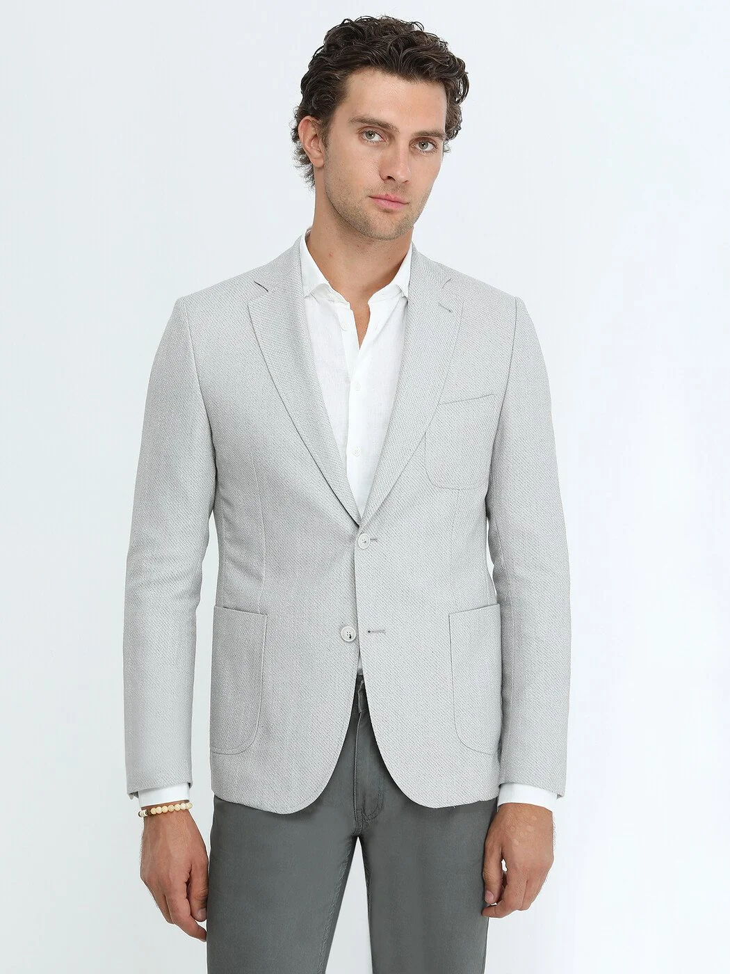 Gri Desenli Modern Fit Keten Karışımlı Ceket - 1