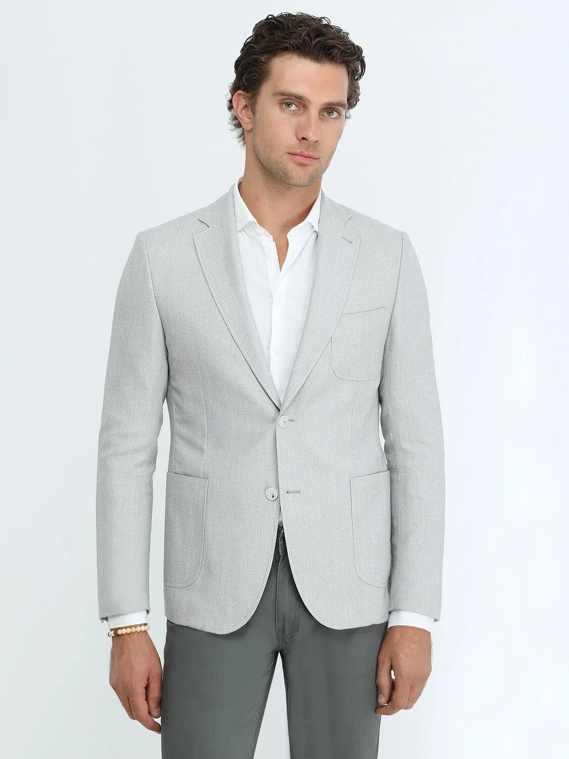 Gri Desenli Modern Fit Keten Karışımlı Ceket - 1