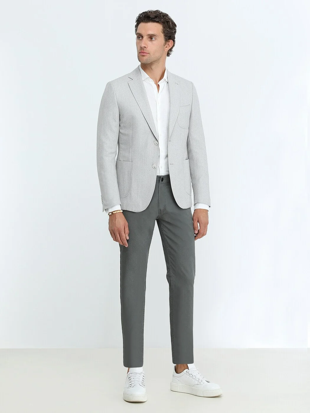Gri Desenli Modern Fit Keten Karışımlı Ceket - 2