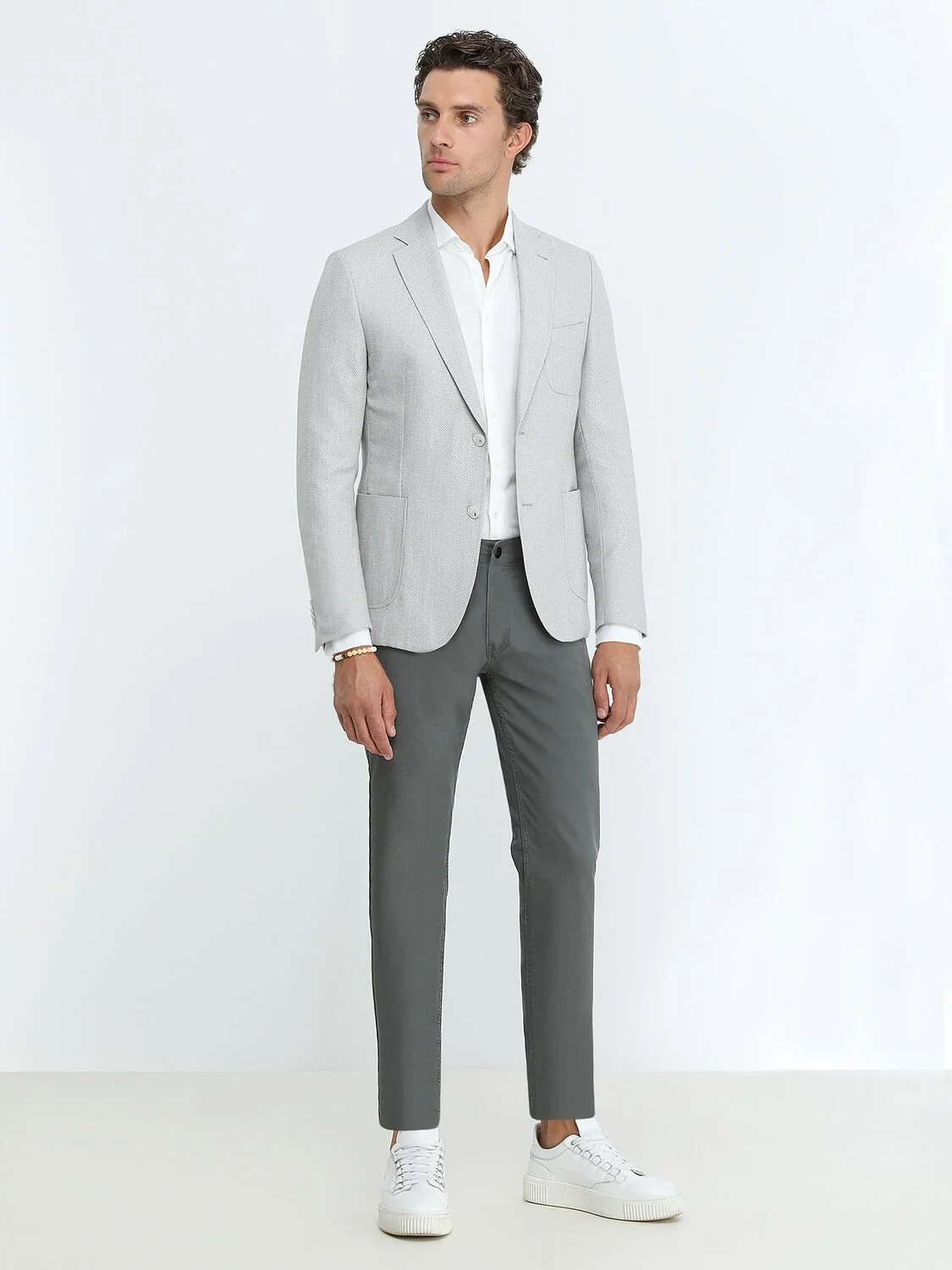 Gri Desenli Modern Fit Keten Karışımlı Ceket - 2