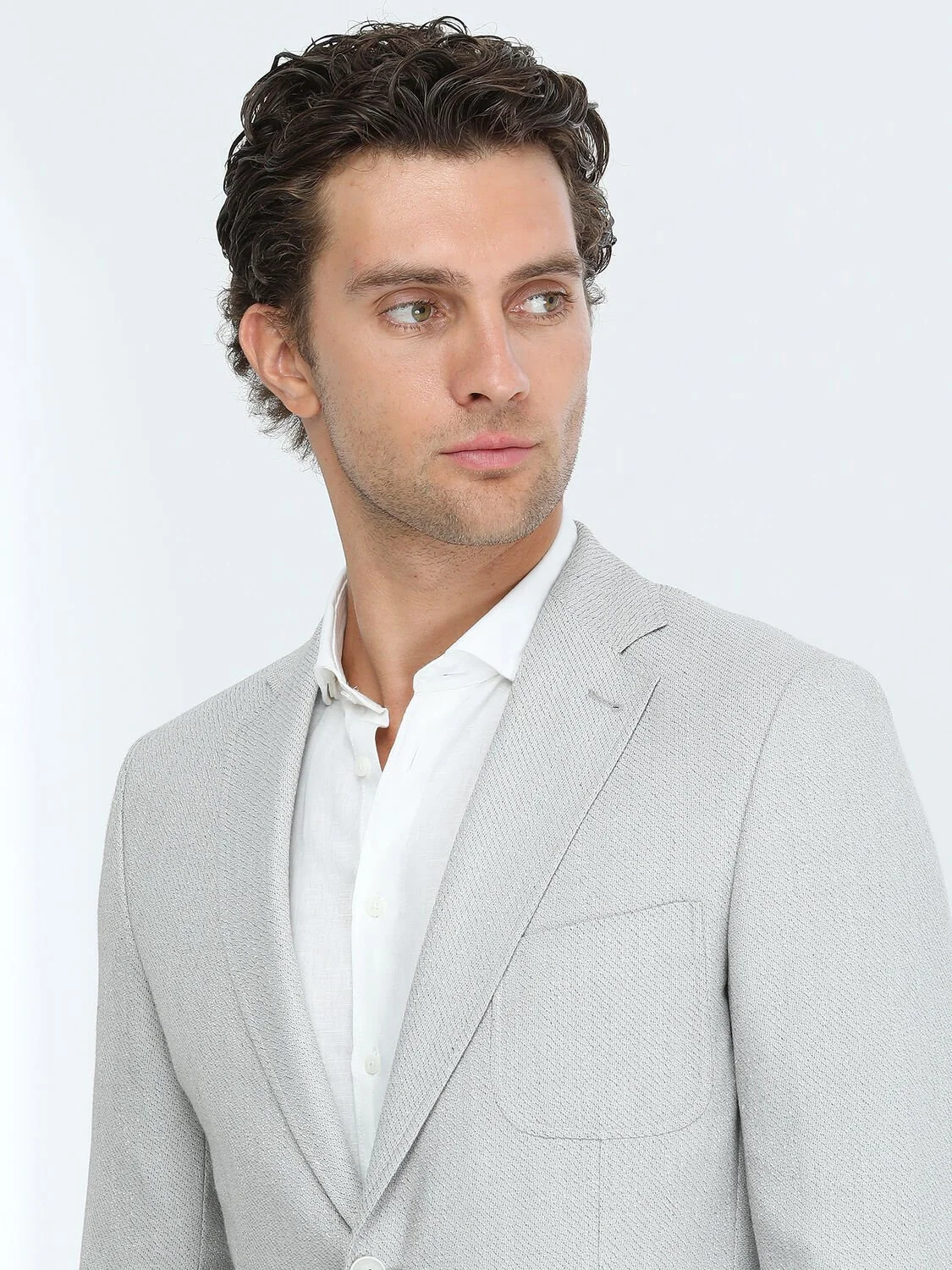 Gri Desenli Modern Fit Keten Karışımlı Ceket - 3