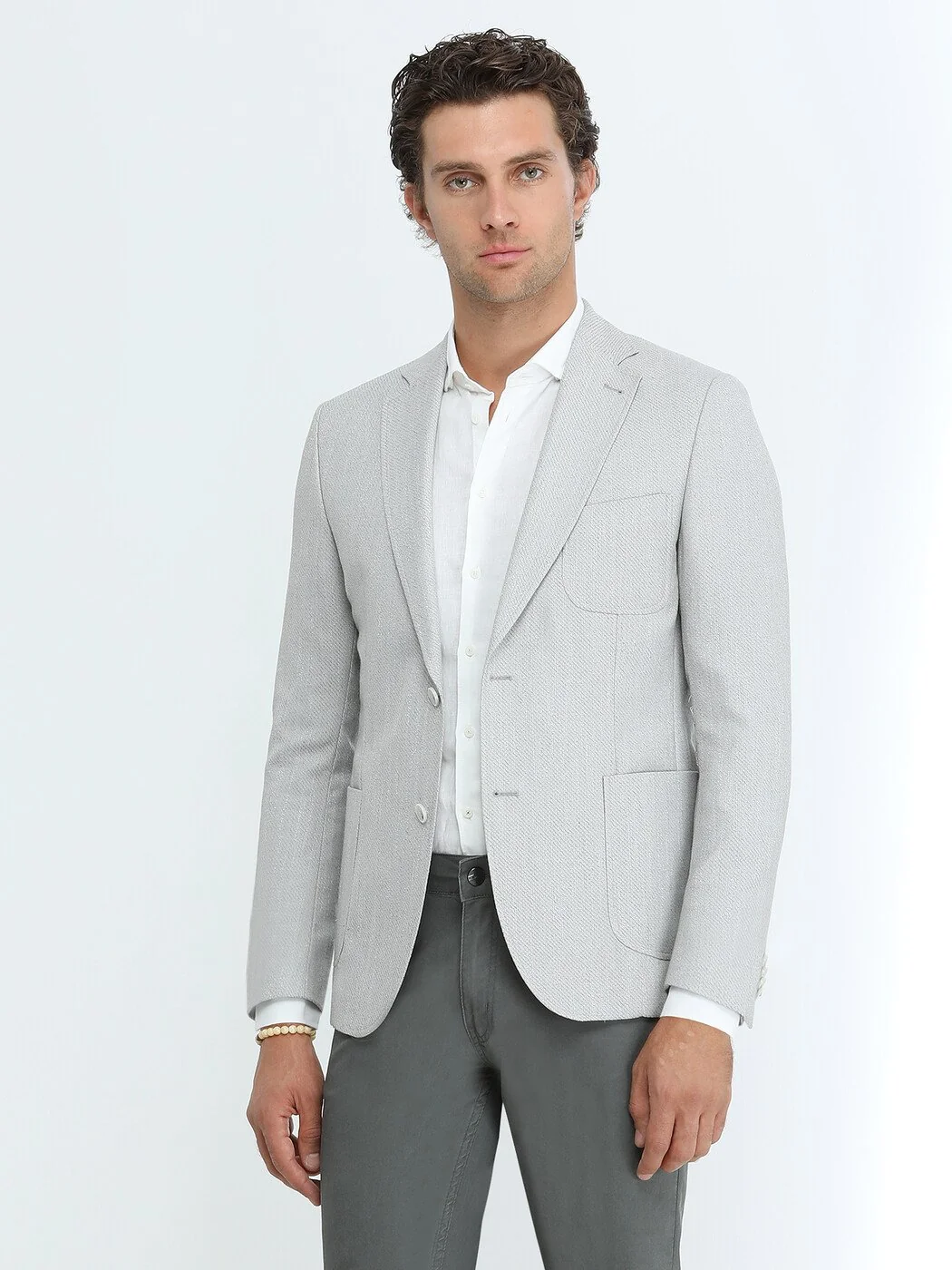 Gri Desenli Modern Fit Keten Karışımlı Ceket - 4