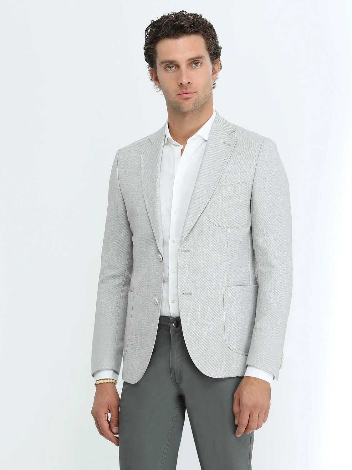 Gri Desenli Modern Fit Keten Karışımlı Ceket - 4