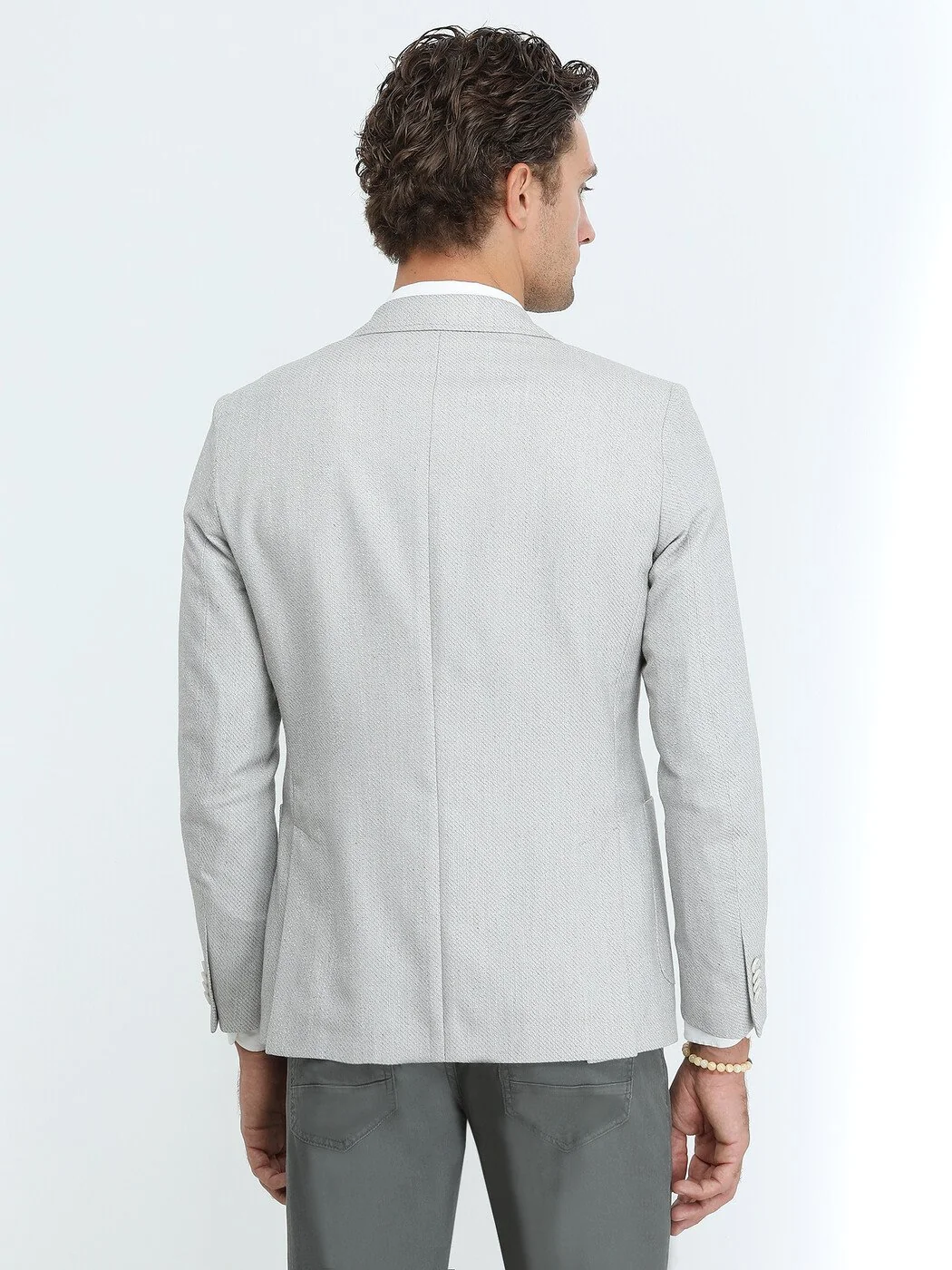 Gri Desenli Modern Fit Keten Karışımlı Ceket - 5