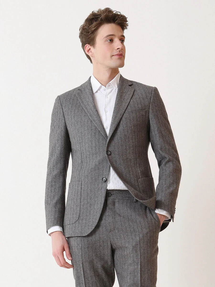 Gri Desenli Modern Fit Yün Karışımlı Takım Elbise - 1