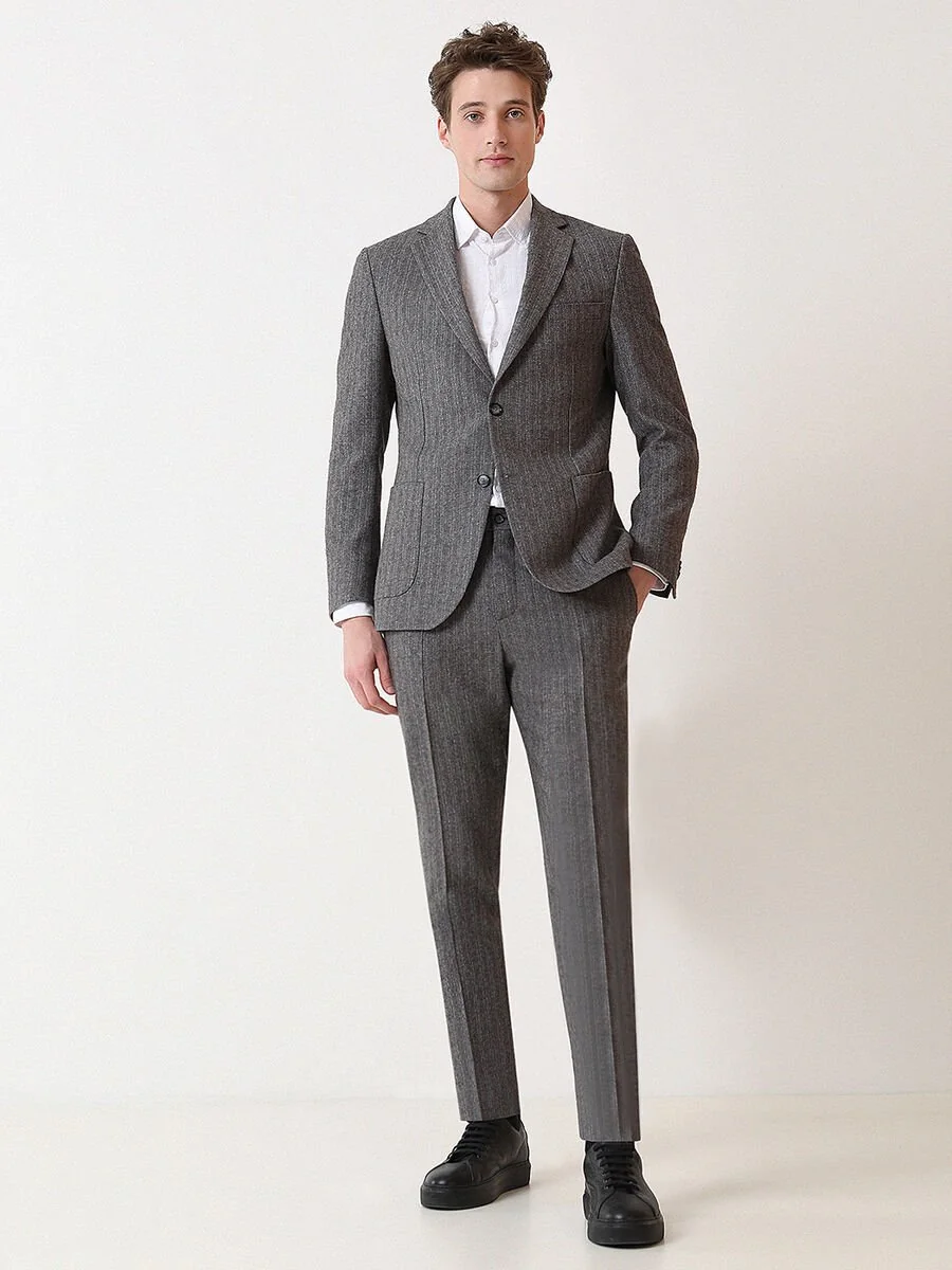 Gri Desenli Modern Fit Yün Karışımlı Takım Elbise - 2