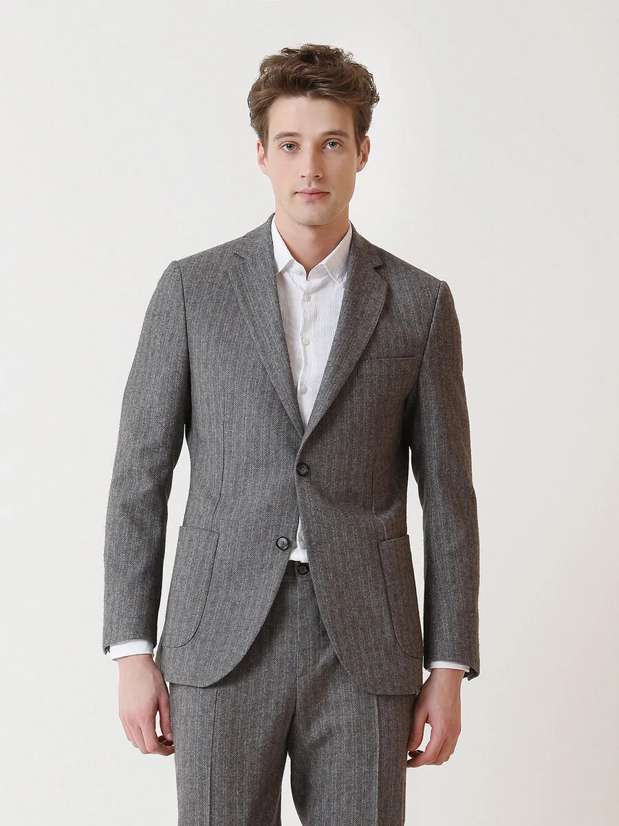 Gri Desenli Modern Fit Yün Karışımlı Takım Elbise - 4