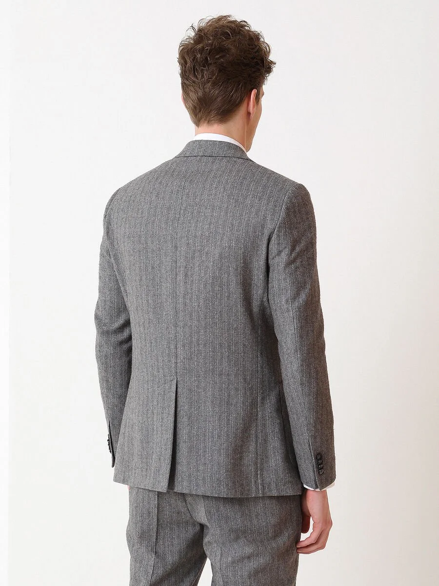 Gri Desenli Modern Fit Yün Karışımlı Takım Elbise - 5