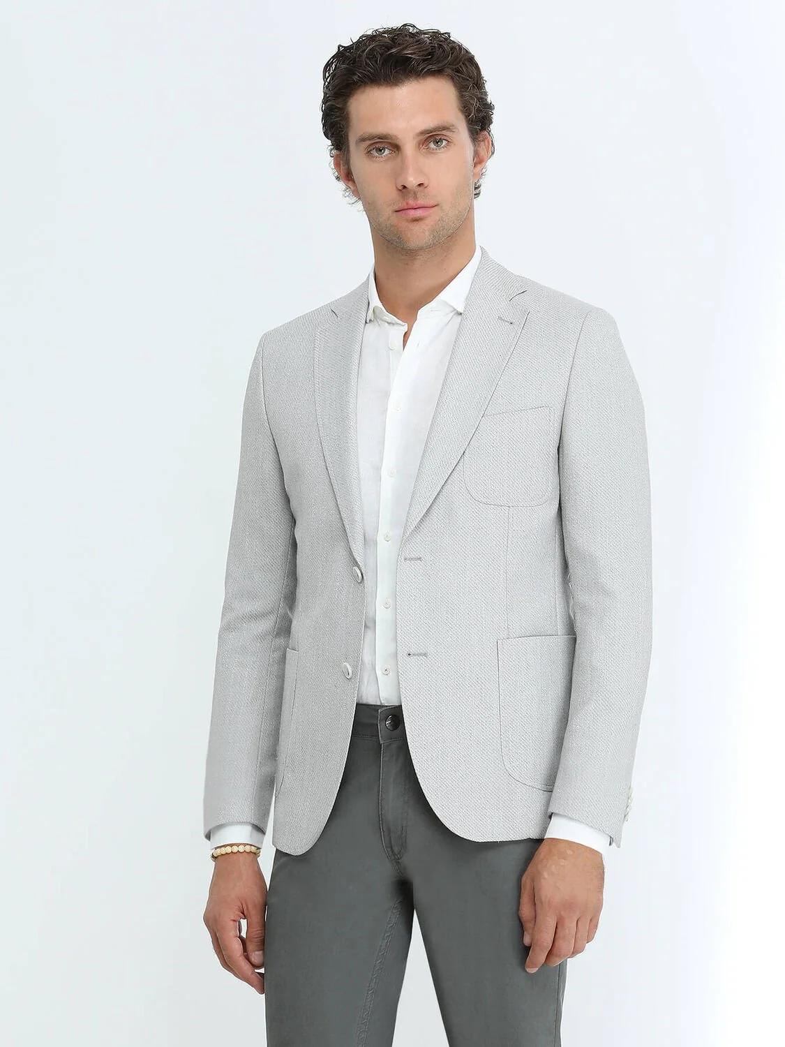 Gri Desenli Regular Fit Keten Karışımlı Ceket - 4