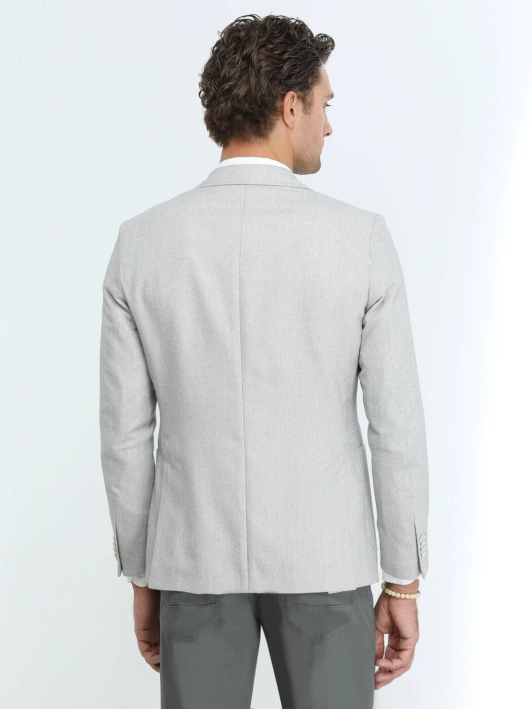 Gri Desenli Regular Fit Keten Karışımlı Ceket - 5