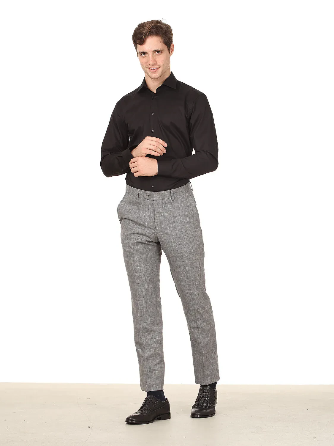Gri Dokuma Fitted Fit Klasik Yün Karışımlı Pantolon - 1