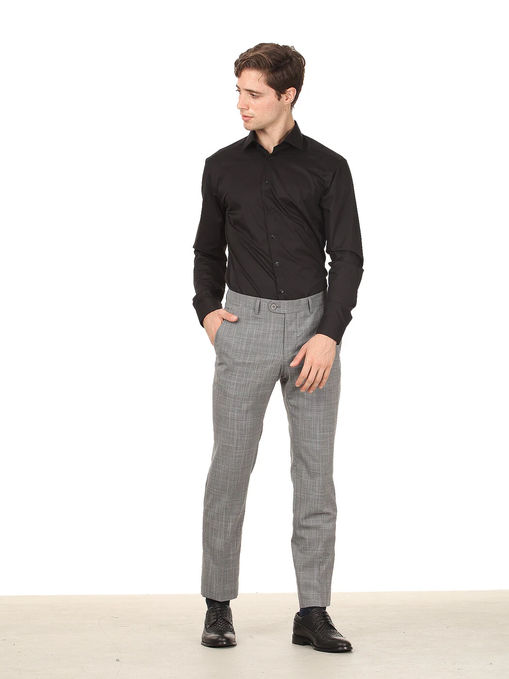 Gri Dokuma Fitted Fit Klasik Yün Karışımlı Pantolon - 2