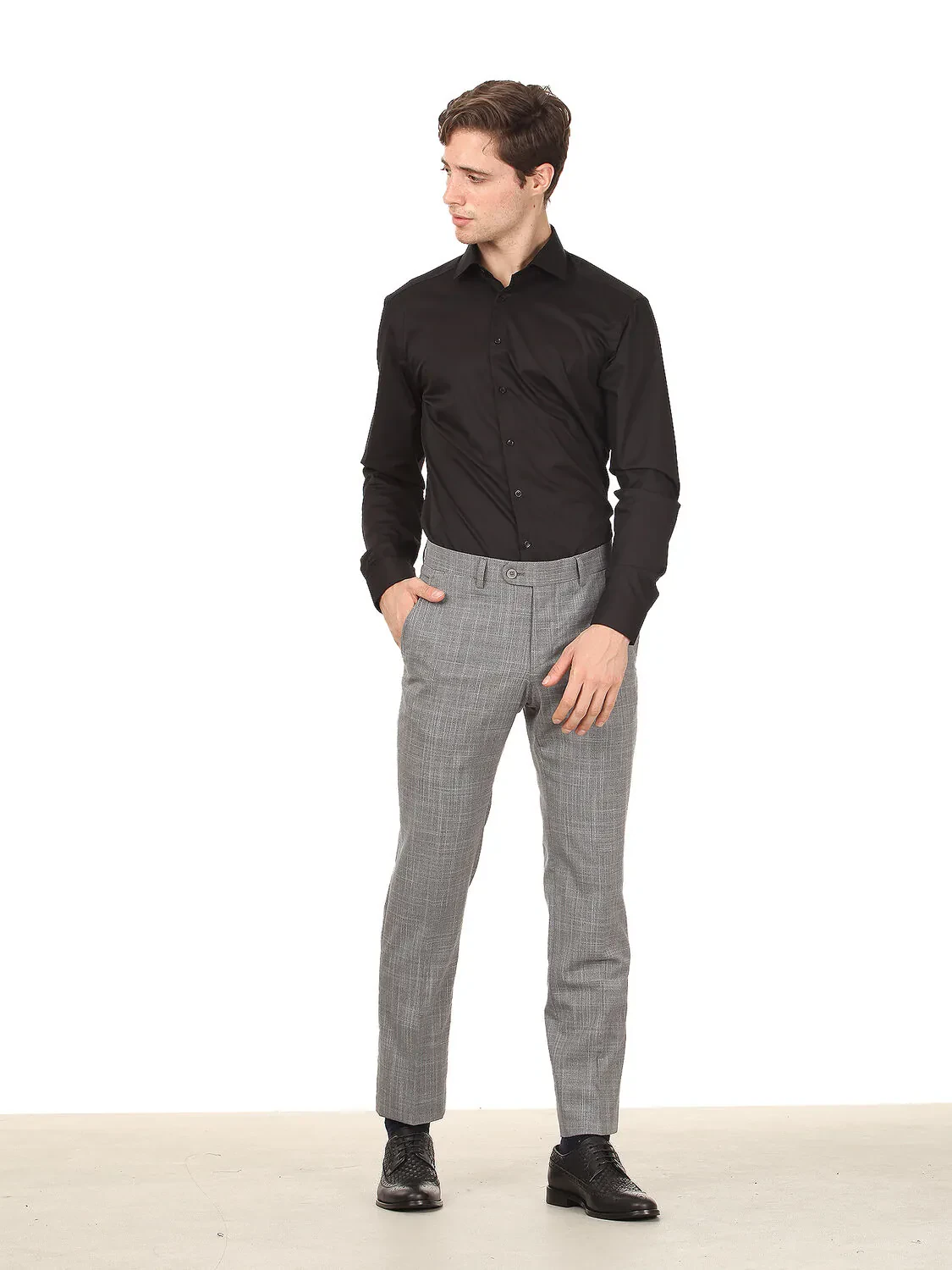 Gri Dokuma Fitted Fit Klasik Yün Karışımlı Pantolon - 2