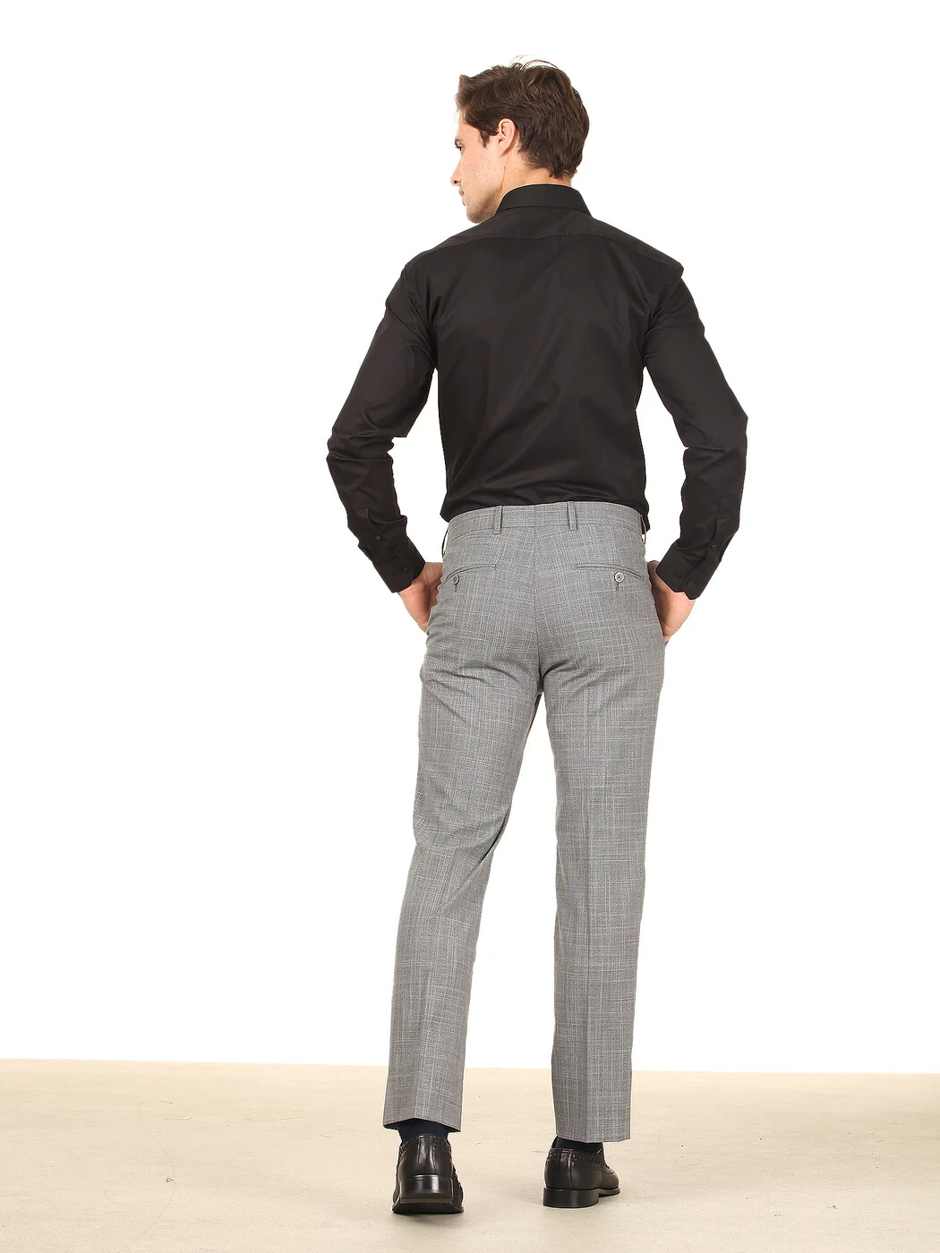 Gri Dokuma Fitted Fit Klasik Yün Karışımlı Pantolon - 4