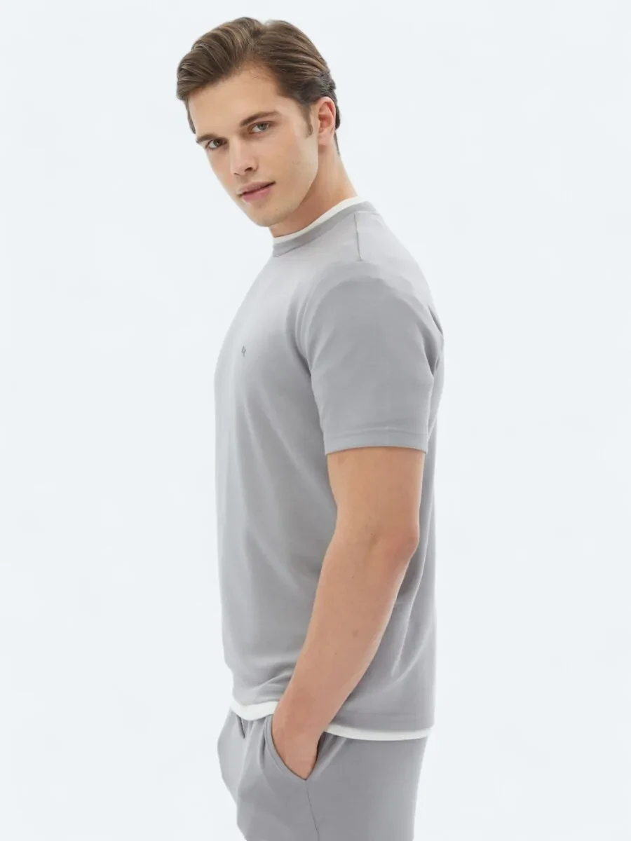 Gri Düz Bisiklet Yaka T-Shirt - 1