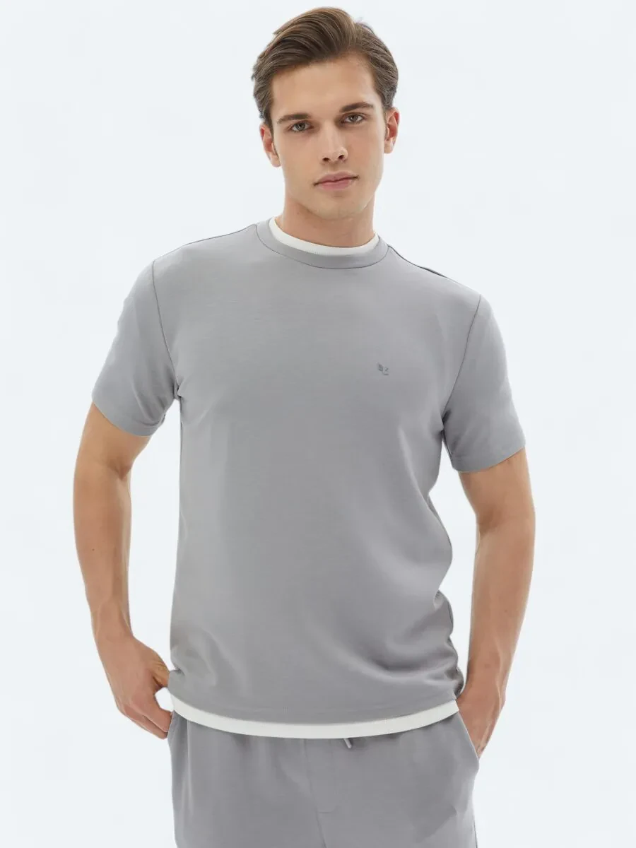 Gri Düz Bisiklet Yaka T-Shirt - 2