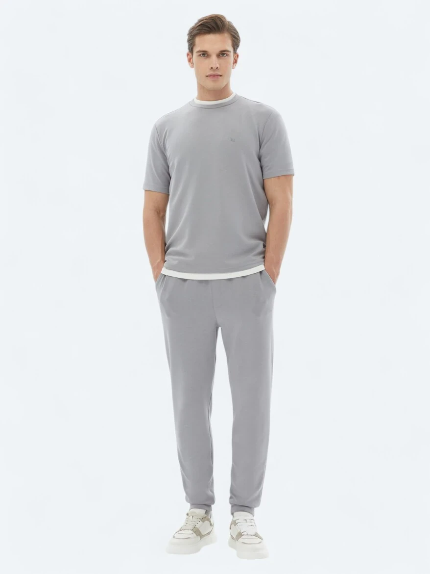 Gri Düz Bisiklet Yaka T-Shirt - 3