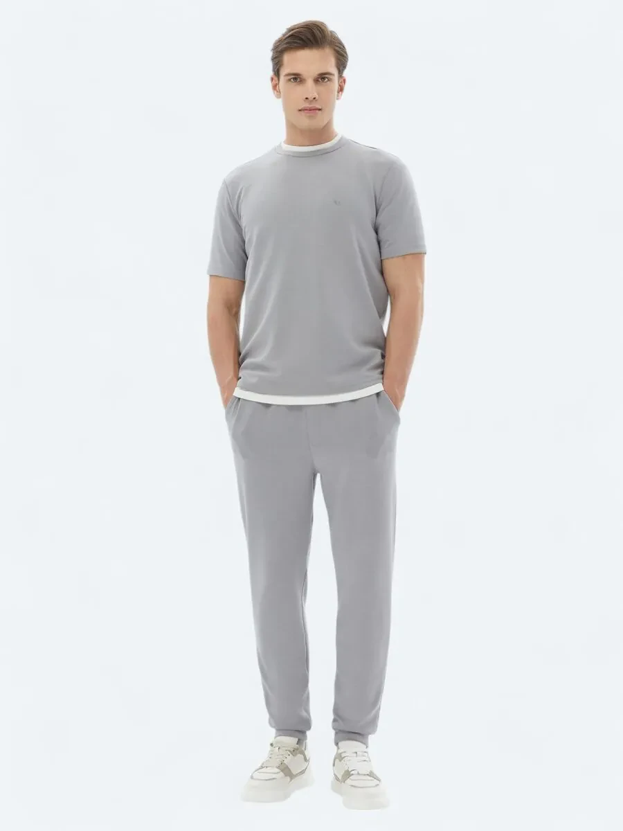 Gri Düz Bisiklet Yaka T-Shirt - 3